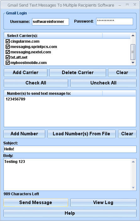 Gmail Send Text Messages To Multiple Recipients Software - Screenshot #1