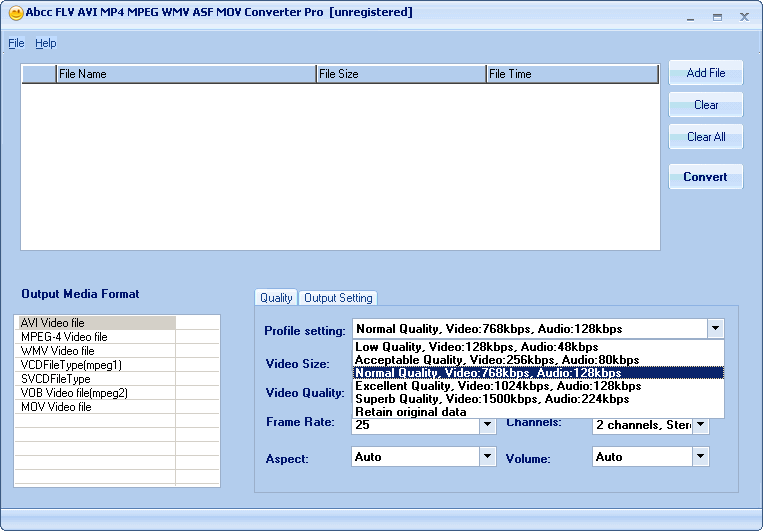 Abcc FLV AVI MP4 MPEG WMV ASF MOV Converter Pro - Screenshot #1