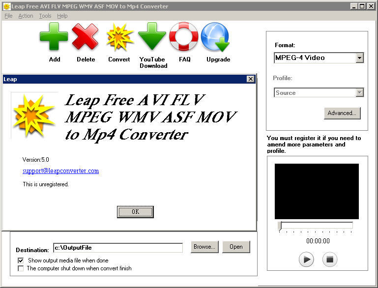 Leap Free AVI FLV MPEG WMV ASF MOV to Mp4 Converter - Screenshot #1