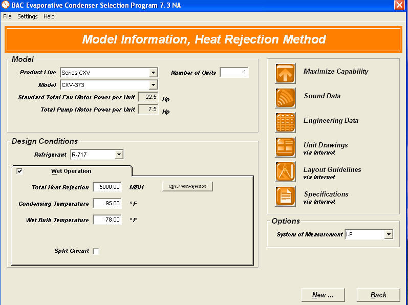 B.A.C. Evaporative Condenser Selection Program - Screenshot #1
