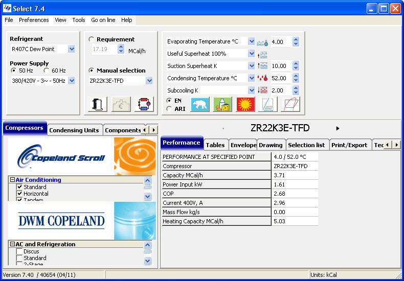 Copeland Selection Software - Screenshot #1