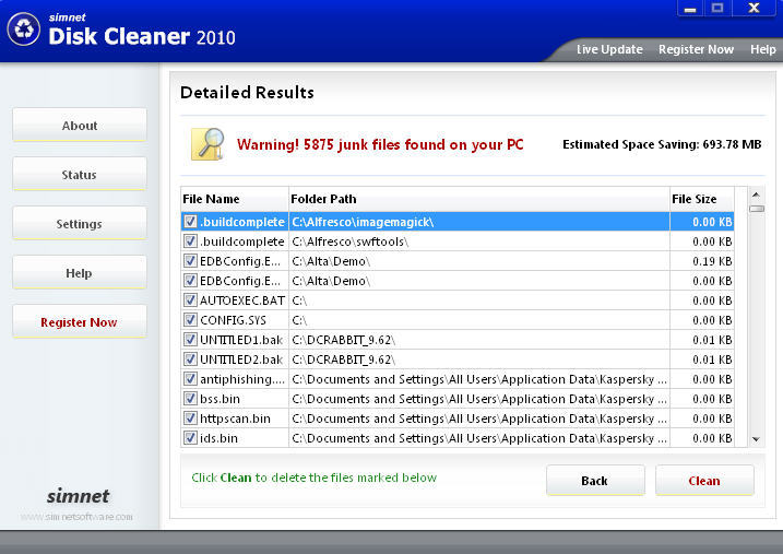 Simnet Disk Cleaner 2010 - Screenshot #1