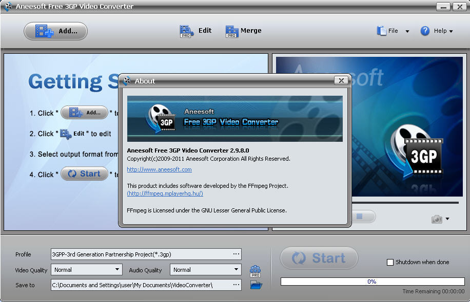 Aneesoft Free 3GP Video Converter - Screenshot #1