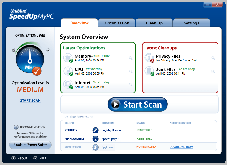 Optimization level. Uniblue SPEEDUPMYPC 2015. Free SPEEDUPMYPC. File Optimizer. Start Now optimize later.