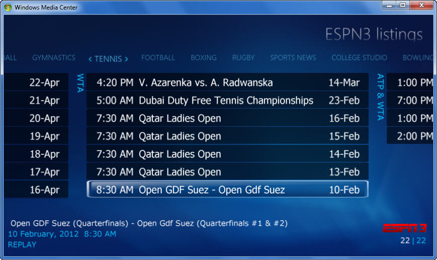 ESPN3 add-in for Windows Media Center - Screenshot #2