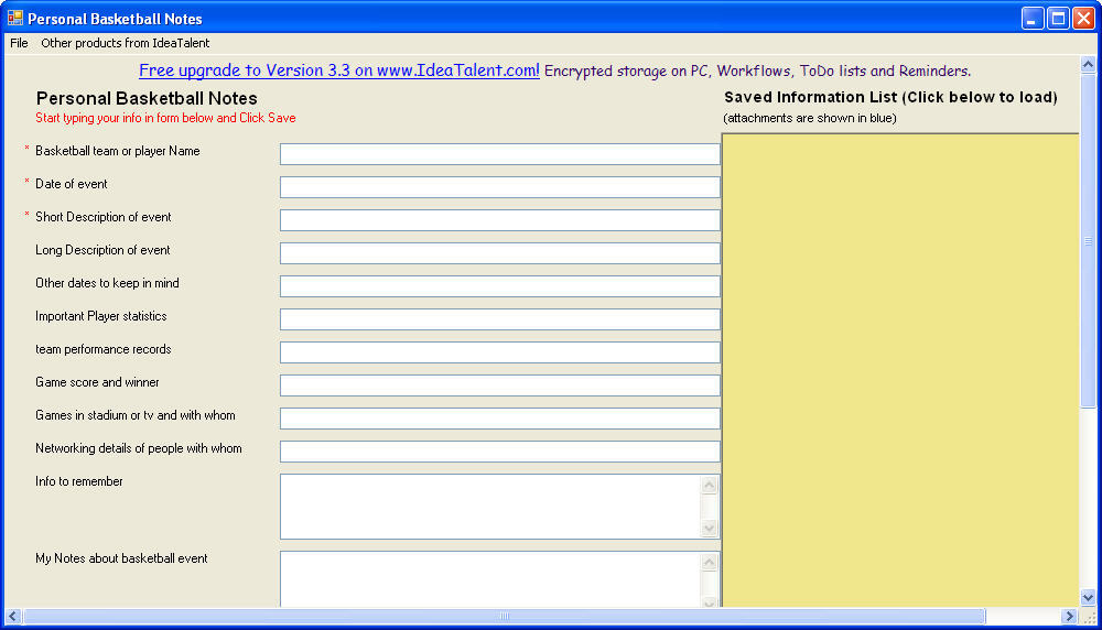 Personal Basketball Notes Software Express Edition - Screenshot #1