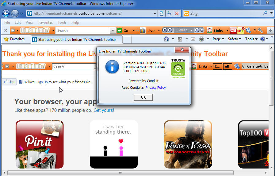 Live Indian TV Channels Toolbar - Screenshot #1