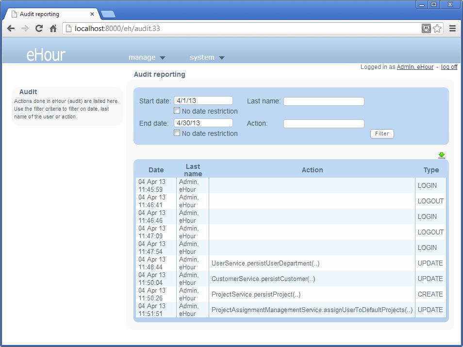eHour - Screenshot #1