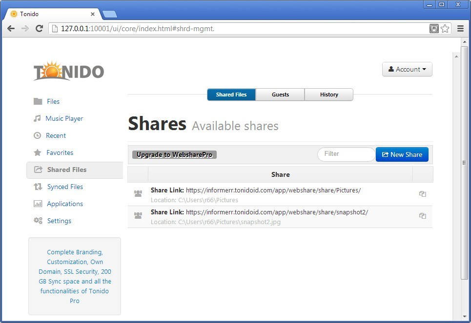 tonido sync screenshot file browser