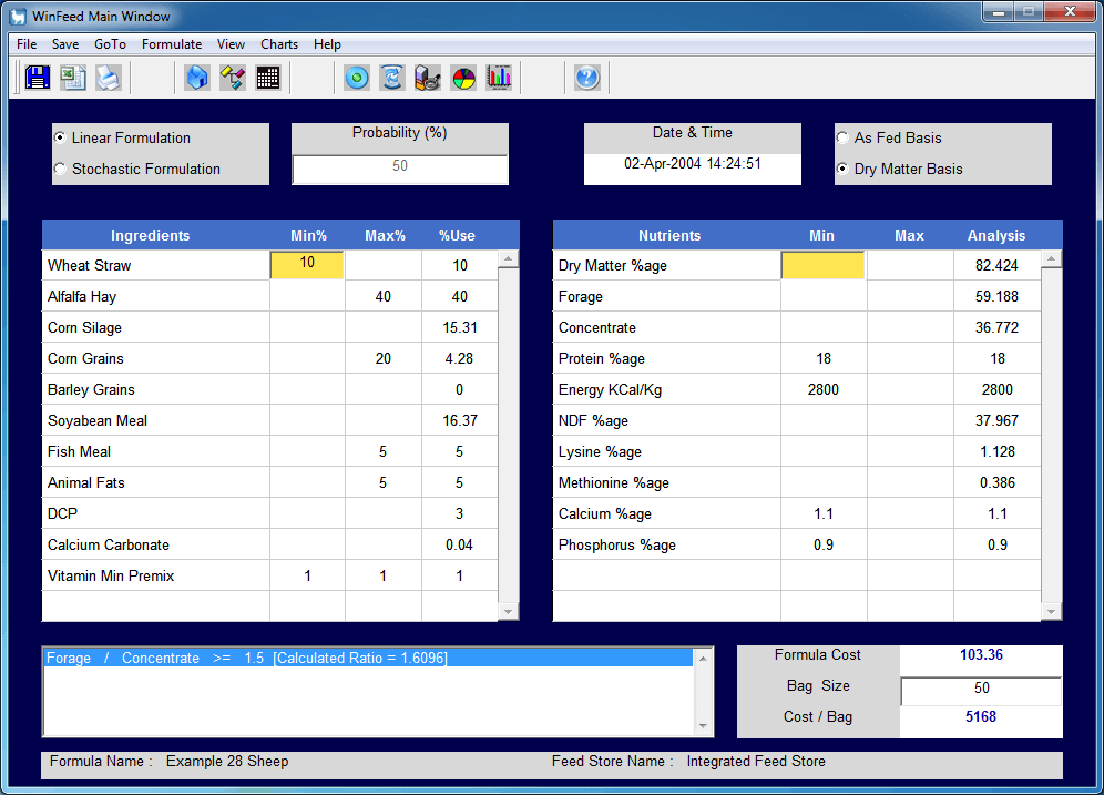 WinFeed Least Cost Feed Formulation Software latest version Get best