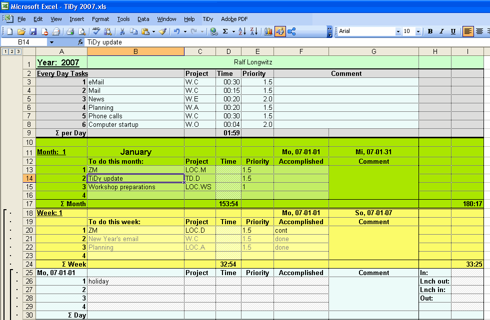 План календарь в эксель