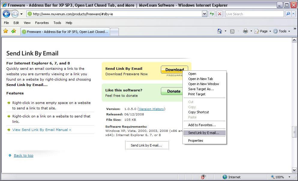 Send Link by Email - Internet Explorer Extension - Screenshot #1