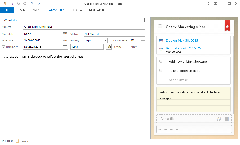 Wunderlist for Outlook - Screenshot #1