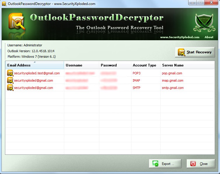 Outlook Password Decryptor - Screenshot #2