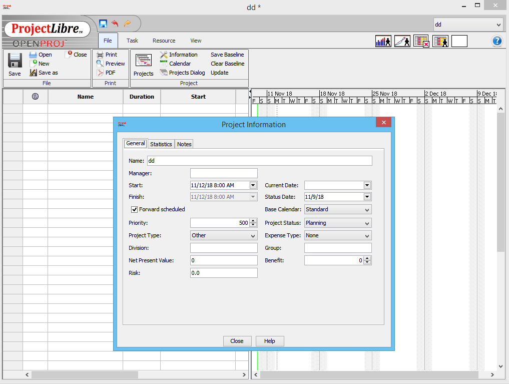 projectlibre baseline fixed cost