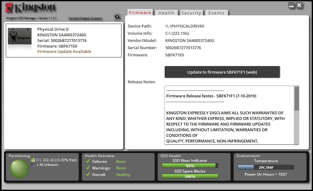 kingston ssd manager cant secure erase