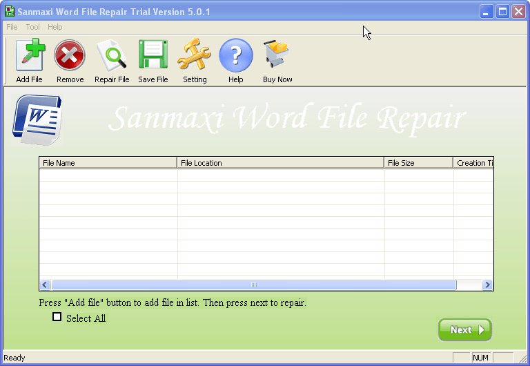 Sanmaxi Word File Repair Trial - Screenshot #1