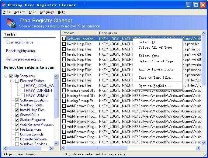 Eusing Free Registry Cleaner - Screenshot #1